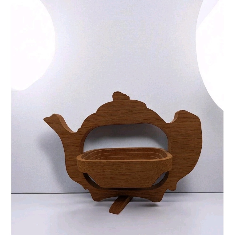 John Keim Pear Tree Basket Collapsible Accordion Wood Teapot Shape Signed 1990s